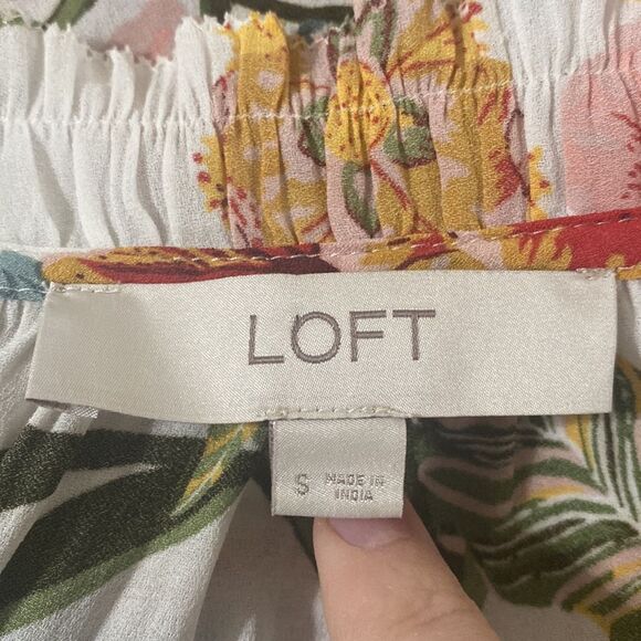 Loft floral high smocked neckline ruffled peplum blouse with front tie size S - Picture 9 of 12